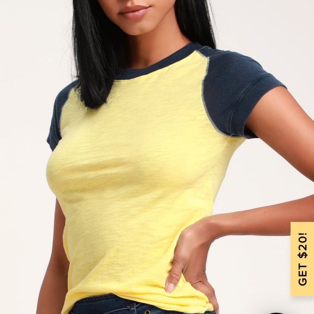 Free People Yellow and Navy Tee